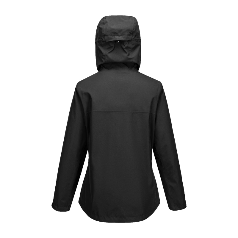 Rückansicht einer schwarzen PortWest Jacke mit Kapuze, schlichtes Outdoor- und Arbeitsjacken-Design