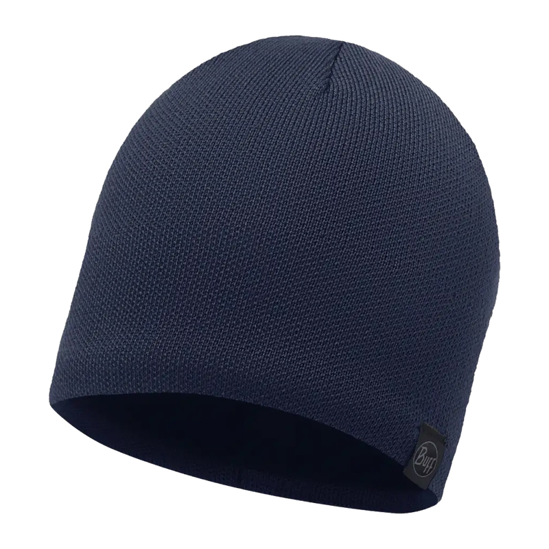 Dunkelblaue Buff Strickmütze aus feinem Knit mit schlichtem, enganliegendem Design und Buff Logo-Patch