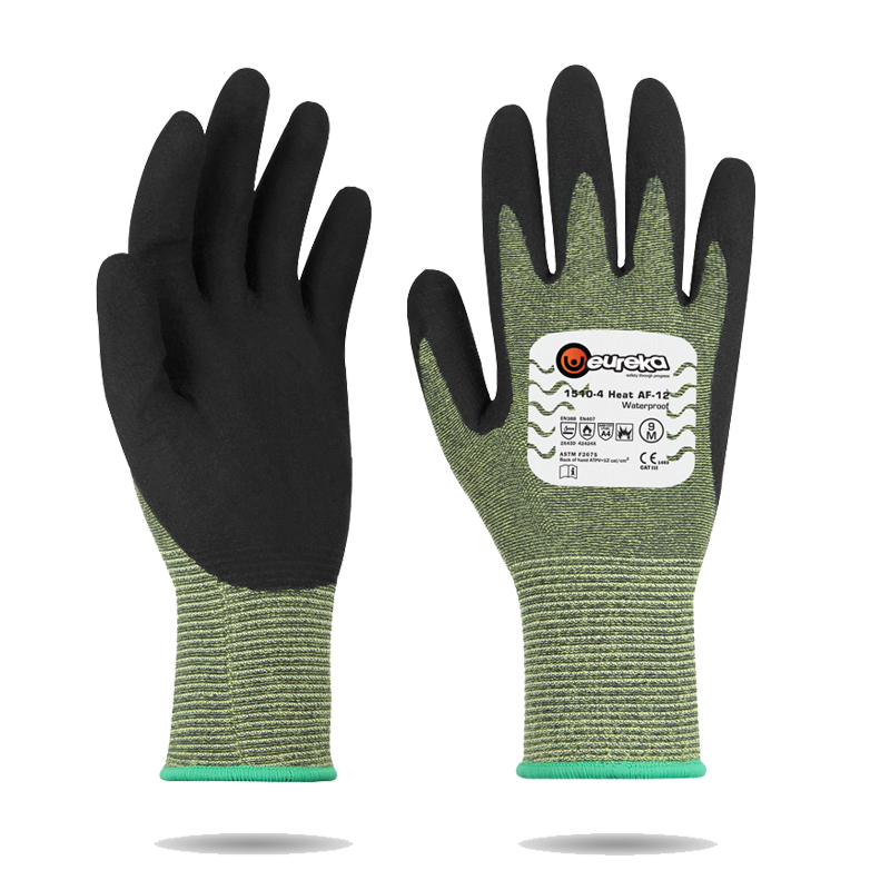 Eureka Flammhemmende Handschuhe ARC 12 wasserdicht RG0008, schwarzer Schutzbelag mit grünem Strickmaterial in Vorder- und Rückansicht