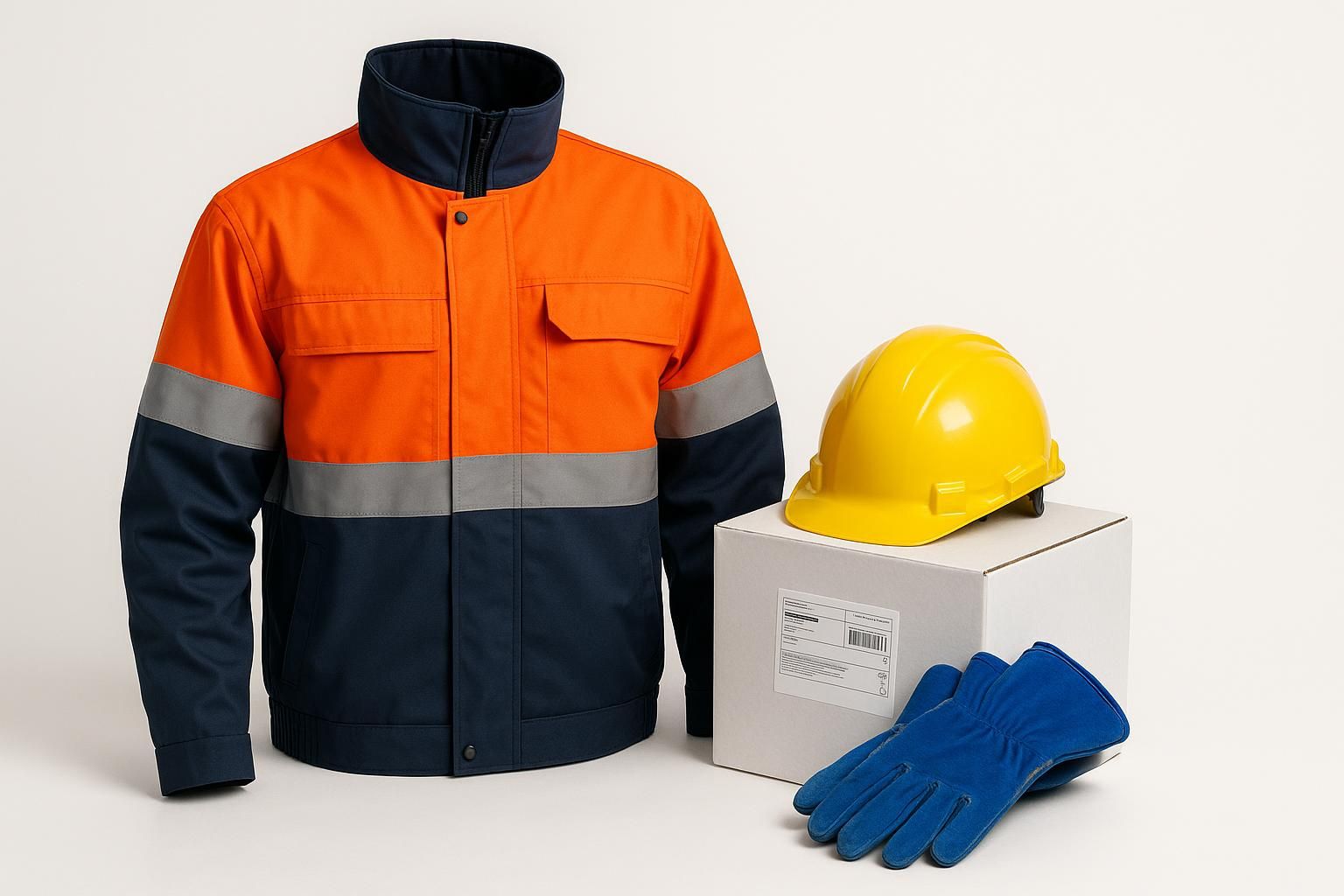 Warnschutz-Arbeitsjacke mit Reflexstreifen in Orange und Dunkelblau, präsentiert mit gelbem Bauhelm und blauen Schutzhandschuhen