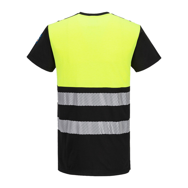 Rückansicht des PortWest FR775 MultiNorm FR Warnschutz-T-Shirts kurzarm Klasse 1 in Gelb-Schwarz mit segmentierten Reflexstreifen und flammhemmendem Gewebe