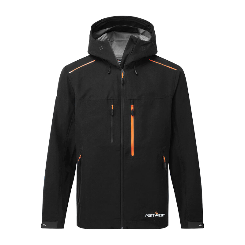 PortWest S385 Shell Regenjacke in Schwarz mit Kapuze, wasserdicht und atmungsaktiv nach EN 343 Klasse 4, mit versiegelten Nähten und orangefarbenen Reißverschlüssen