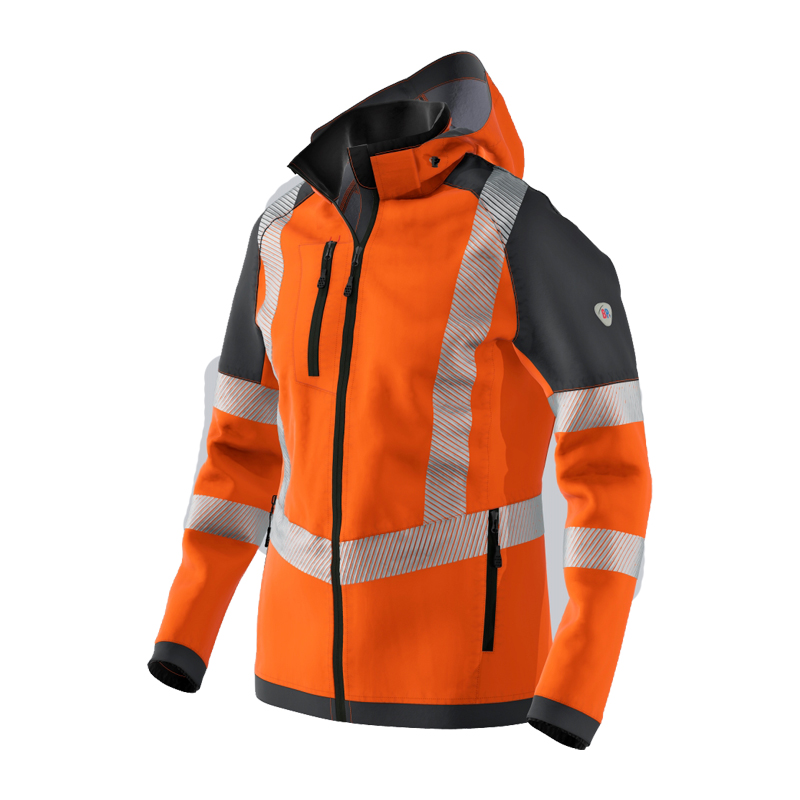 BP 2034 Warnschutz Stretch Softshell Jacke mit Kapuze von BP Bierbaum Proenen, orange Softshell-Arbeitsjacke mit schwarzen Einsätzen und Reflexstreifen