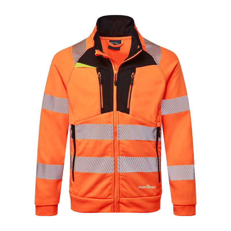PortWest Warnschutzjacke in leuchtendem Orange mit reflektierenden Streifen, Stehkragen und mehreren Reißverschlusstaschen