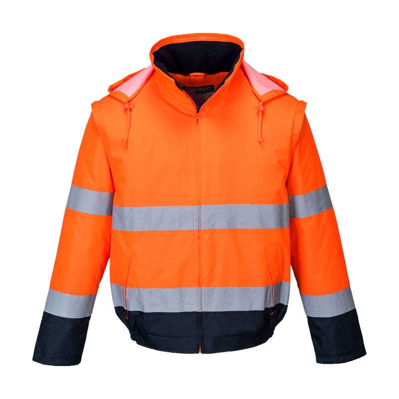 PortWest Warnschutzjacke in leuchtendem Orange mit silbernen Reflexstreifen, Kapuze, Frontreißverschluss und dunklen Bündchen für hohe Sichtbarkeit bei der Arbeit