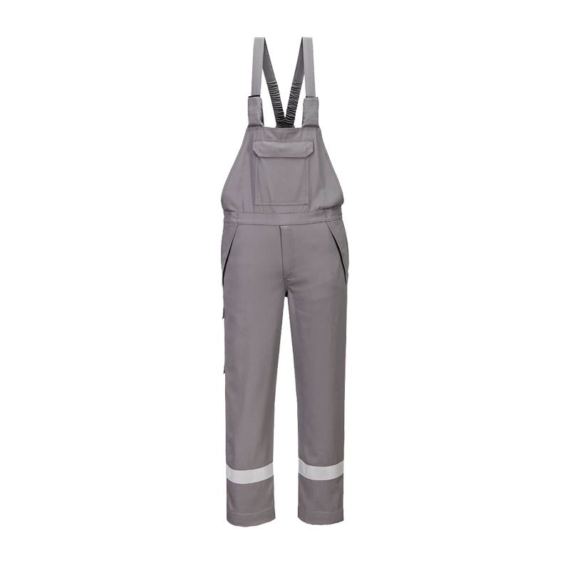 Graue PortWest Arbeits-Latzhose mit Brusttasche, verstellbaren Trägern und Reflexstreifen am Beinabschluss