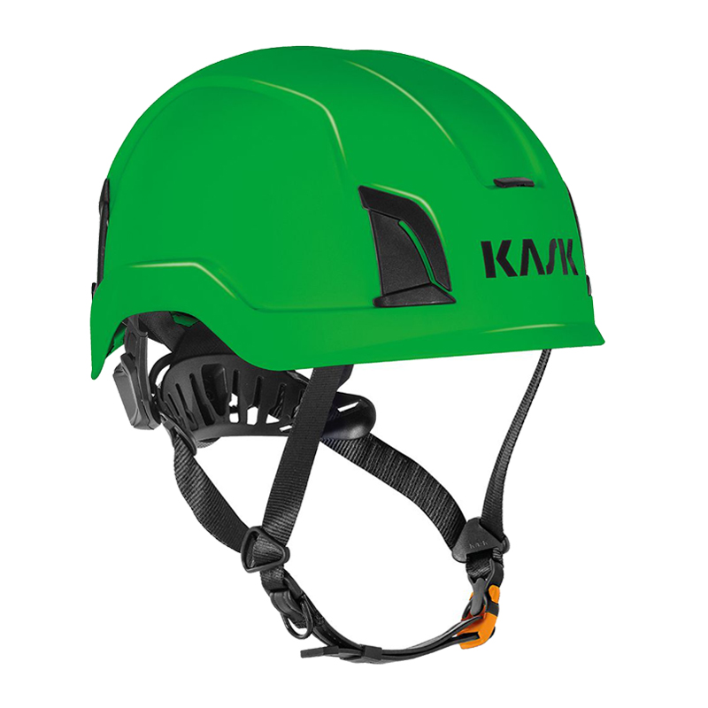 Grüner Kask KASK ZENITH-X Industriehelm nach EN 397 + EN 50365 mit Kinnriemen und Belüftung, Seitenansicht