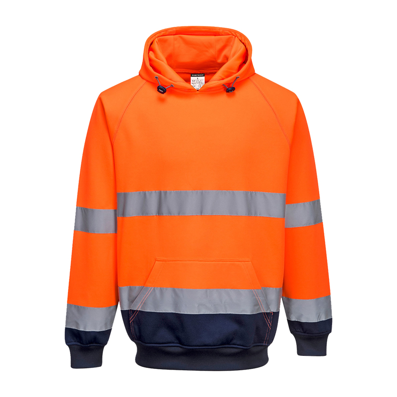 PortWest Warnschutz-Hoodie in leuchtendem Orange mit Reflexstreifen an Brust, Bauch und Ärmeln sowie dunkelblauen Bündchen und Saum