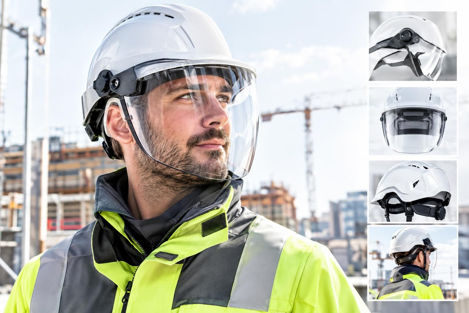 Arbeiter auf einer Baustelle mit weißem Schutzhelm und transparentem Vollvisier, Industrihelm mit Gesichtsschutz in mehreren Detailansichten