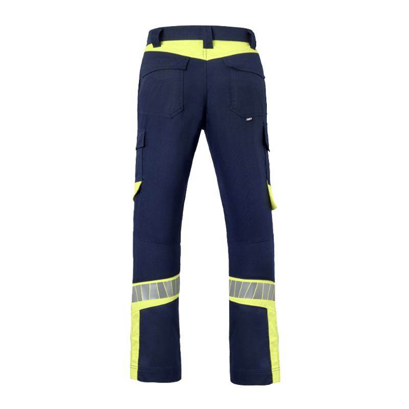 Rückansicht einer HaVeP Warnschutzhose in Marineblau und Neongelb mit Gesäßtaschen, Seitentaschen und reflektierenden Streifen an den Beinen.