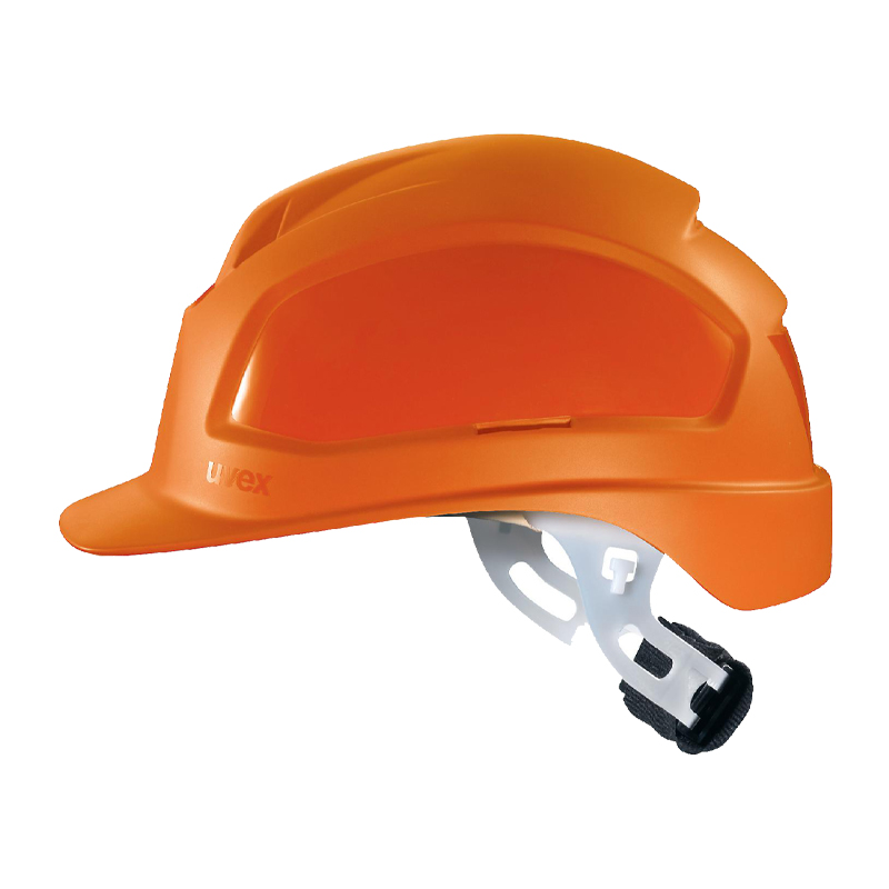 Oranger Uvex Elektriker Helm mit Drehrad, Seitenansicht, gemäß EN 50365 für Arbeiten bis 1000 VAC