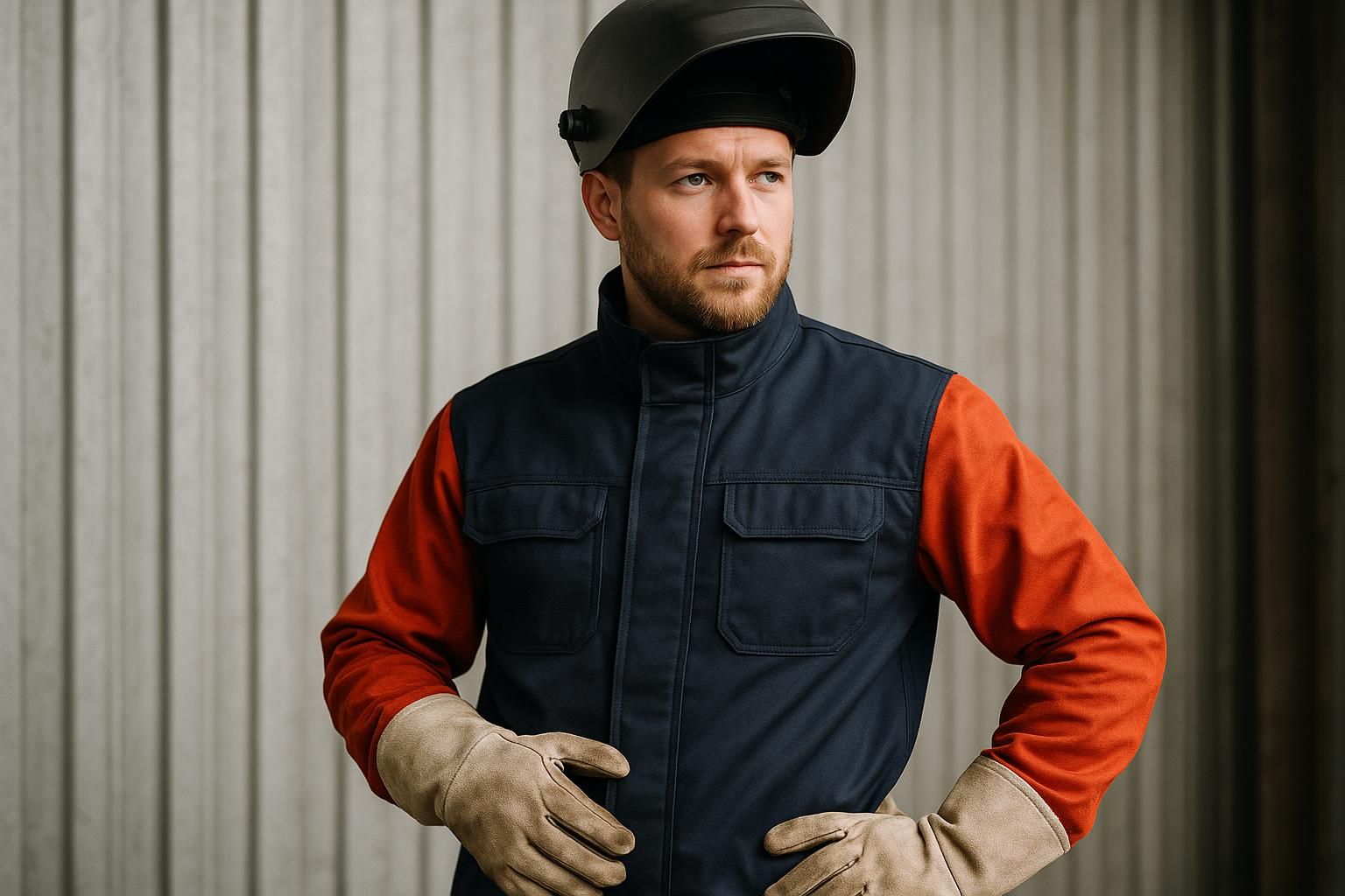 Arbeiter trägt Schweißhelm, hitzebeständige Handschuhe und eine robuste Arbeitsjacke – Schutzkleidung für Schweißarbeiten und Industrieeinsätze