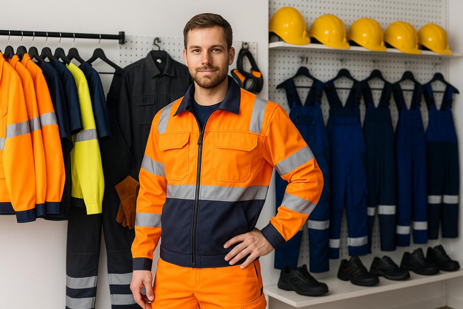 Mann trägt orangeblaue Warnschutz-Arbeitsjacke mit Reflexstreifen vor Regalen mit Helmen, Latzhosen und weiterer Berufsbekleidung