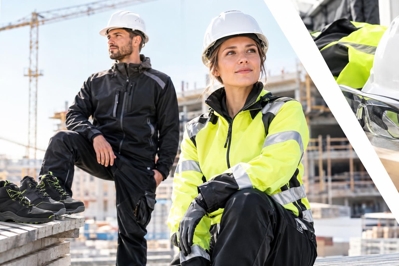 Zwei Bauarbeiter mit weißem Schutzhelm auf der Baustelle tragen Warnschutz- und Softshell-Arbeitskleidung; daneben Sicherheitsschuhe und Schutzbrille als PSA