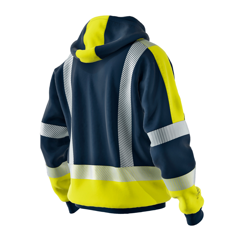 Rückansicht des BP 2226 Hi-Vis MultiNorm Sweat Shirts mit Kapuze 4 kA | APC1 von BP Bierbaum Proenen in Marinegelb mit Reflexstreifen