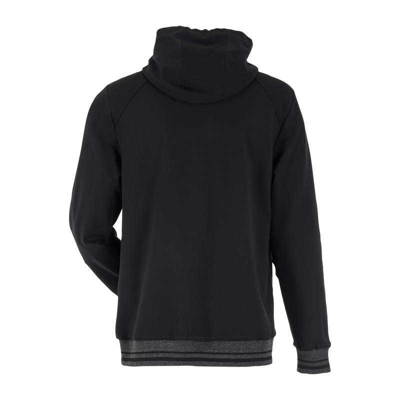 Rückansicht der Planam Outdoor Match Kapuzenjacke mit Strickbündchen in Schwarz, mit Kapuze und kontrastfarbenen Bündchen