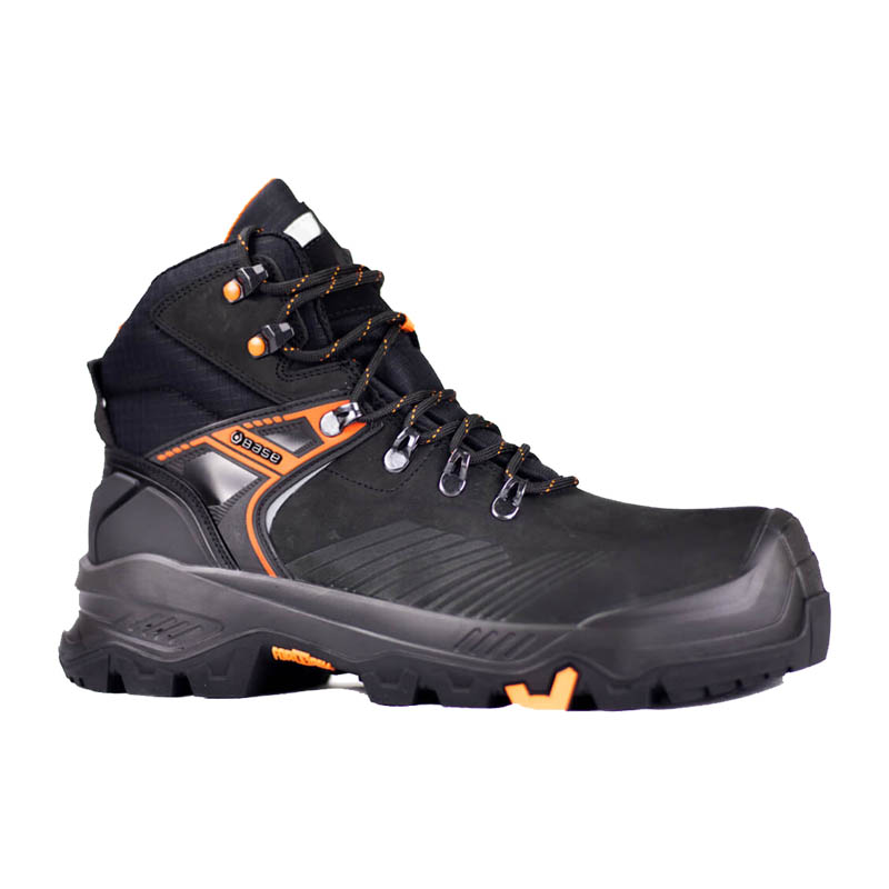BASE T-Rex Top S3S Sicherheitsstiefel B1610, robuster schwarzer Sicherheitsstiefel mit orangefarbenen Details für Industrie und Handwerk