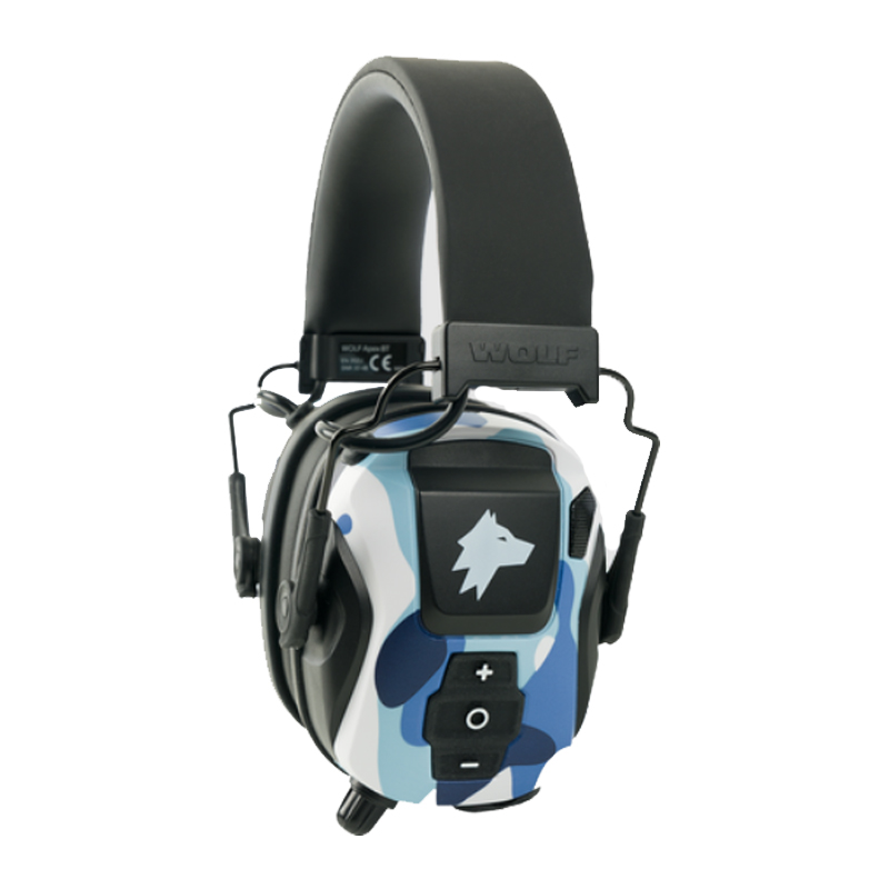 Elektronischer Gehörschutz von Wolf Protection mit blau-weißem Camouflage-Design, verstellbarem Kopfbügel und Bedientasten an der Ohrmuschel