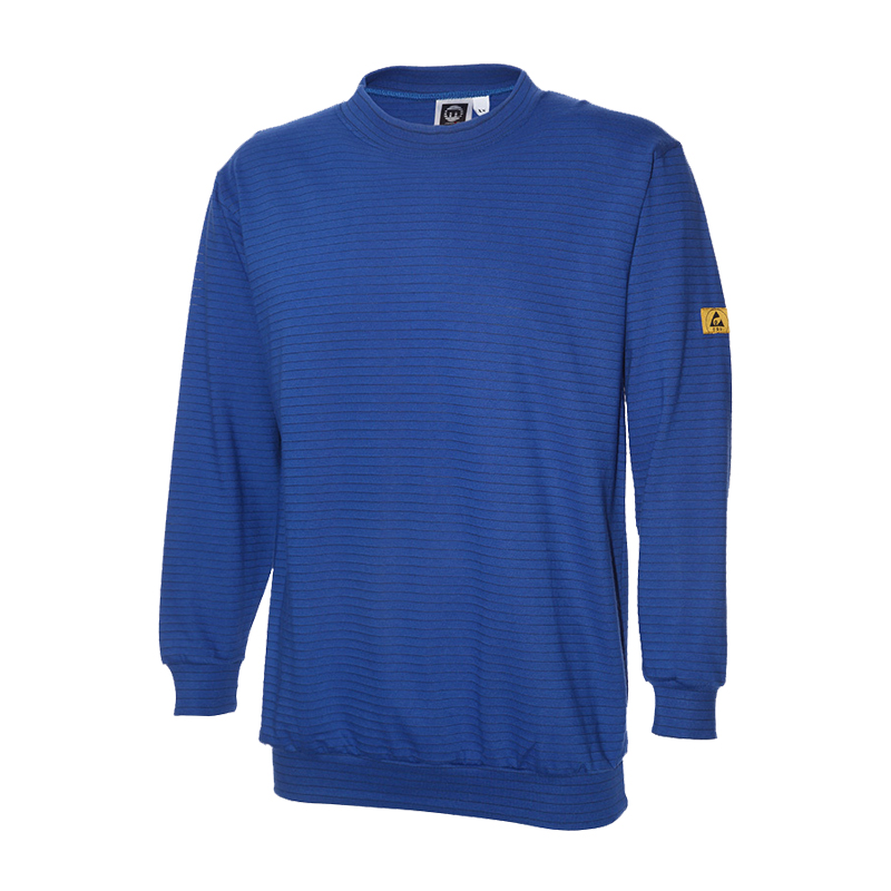 Blaues Mimoza ESD Sweat-Shirt für Produktschutz in EPA-Bereichen 10⁵ bis 10⁸, antistatische Arbeitskleidung nach EN 61340