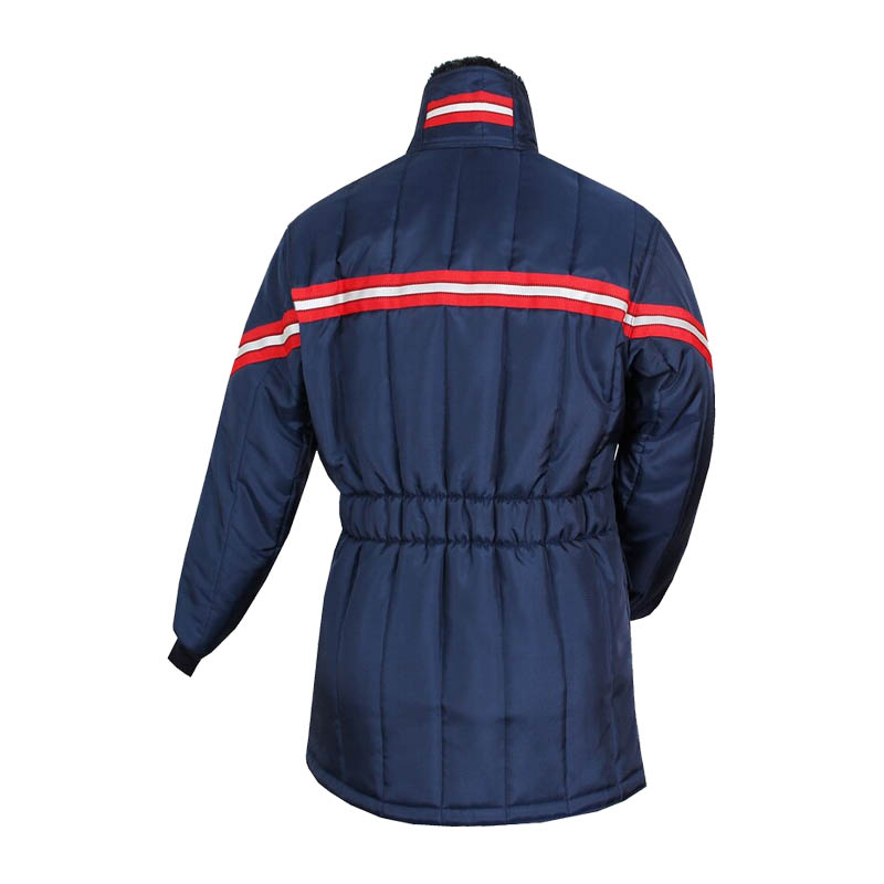 Rückansicht der TEMPEX CLASSIC Damen Kühlhaus Jacke von HB Protective Wear in Marine mit roten Reflexstreifen, wasserabweisende Kälteschutzjacke für Kühlräume von 0 bis 10 °C