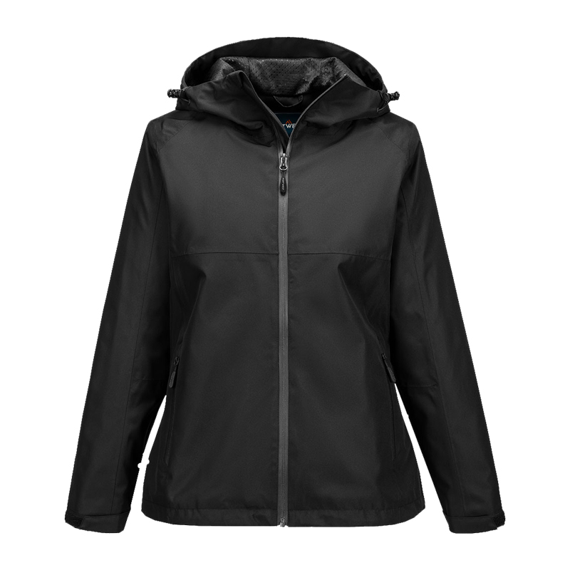 Schwarze PortWest Damenjacke mit Kapuze und Reißverschluss, leichte wetterfeste Outdoor- und Arbeitsjacke in Frontansicht