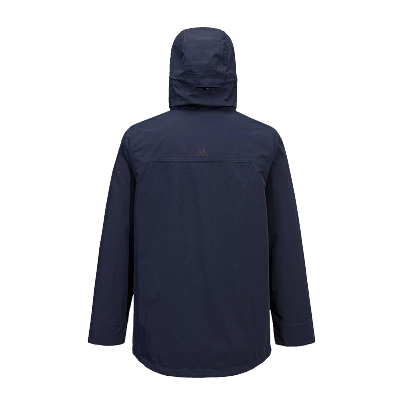 Rückenansicht einer dunkelblauen PortWest Herrenjacke mit Kapuze, langärmelig und funktional für Arbeit und Outdoor