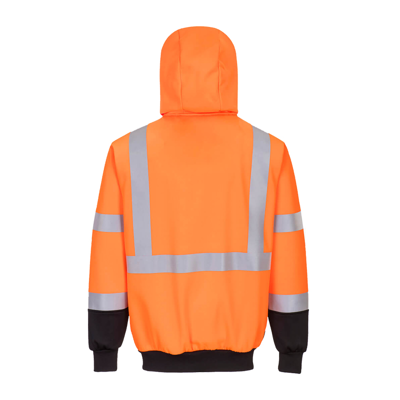 Rückansicht eines orangefarbenen PortWest Warnschutz-Kapuzenpullovers mit Kapuze, schwarzen Bündchen und umlaufenden silbernen Reflexstreifen
