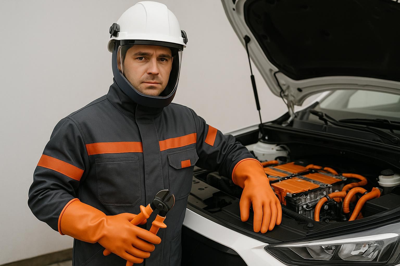 Servicetechniker in Schutzkleidung arbeitet mit isoliertem Werkzeug am geöffneten Motorraum eines Elektroautos mit sichtbarer Hochvoltbatterie