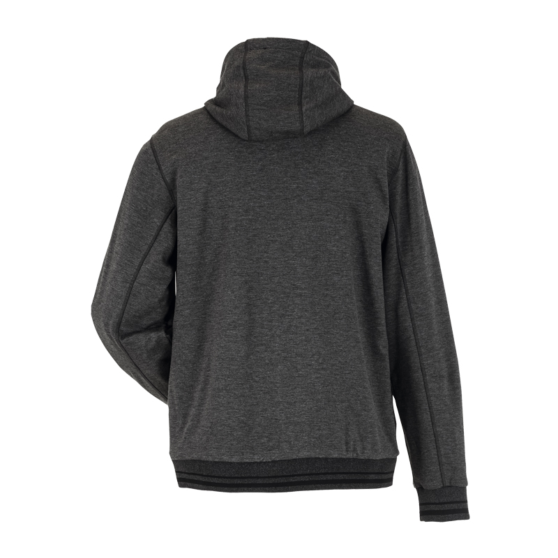 Rückansicht des Planam Outdoor Match Hoodies mit Strickbündchen in Dunkelgrau, mit Kapuze und geradem Saum