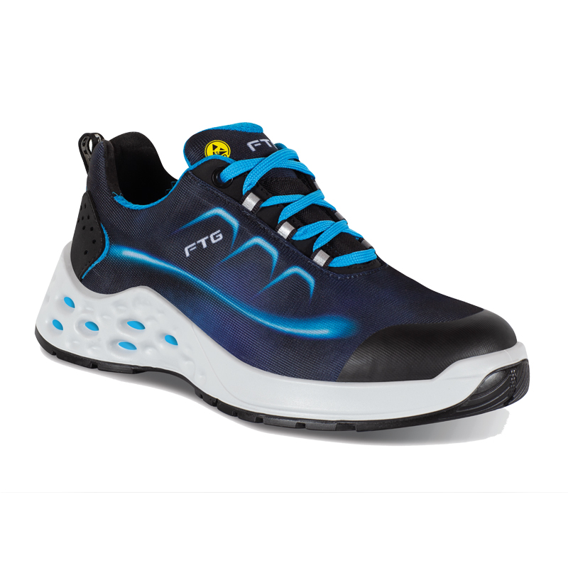 FTG Energy S3S ESD Sicherheitsschuh Dynamic Line, niedriger Arbeitsschuh aus blauem STRETCH-TEX mit weißer Sohle und blauen Schnürsenkeln
