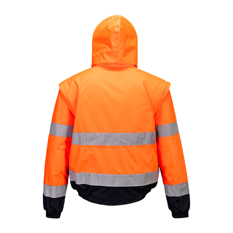 Rückenansicht einer PortWest Warnschutzjacke mit Kapuze in Orange und Marineblau mit reflektierenden Streifen