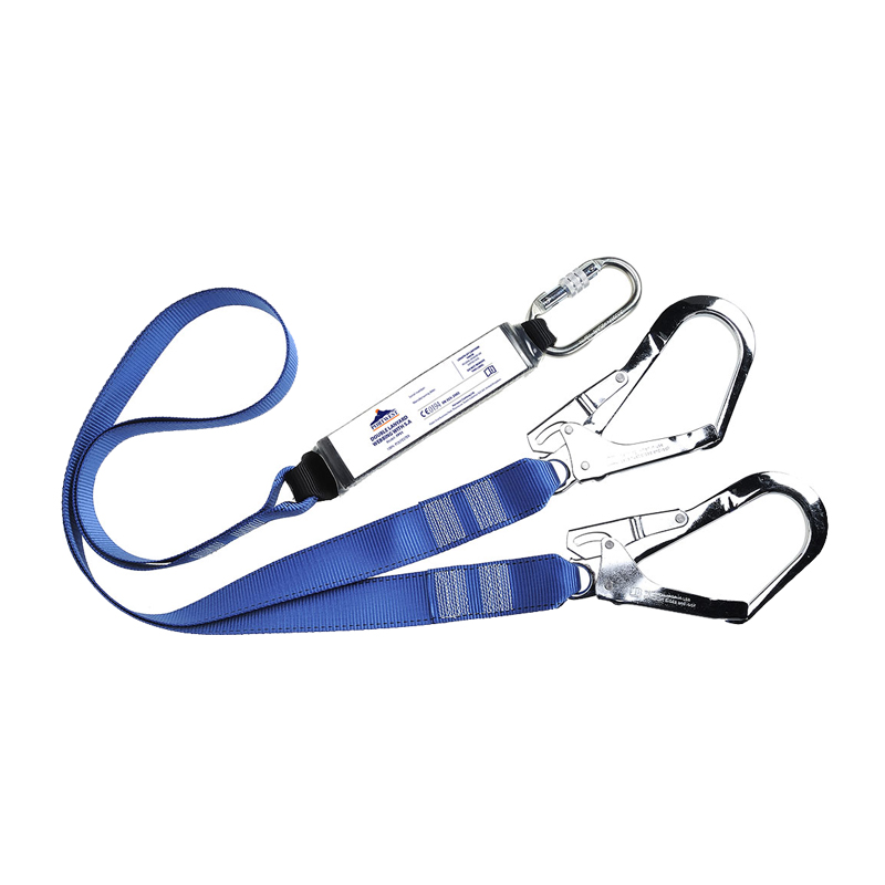 PortWest FP51 doppeltes Halteseil mit Bandfalldämpfer, zwei Gerüsthaken und Automatik-Karabiner aus blauem Gurtband für Arbeiten in der Höhe