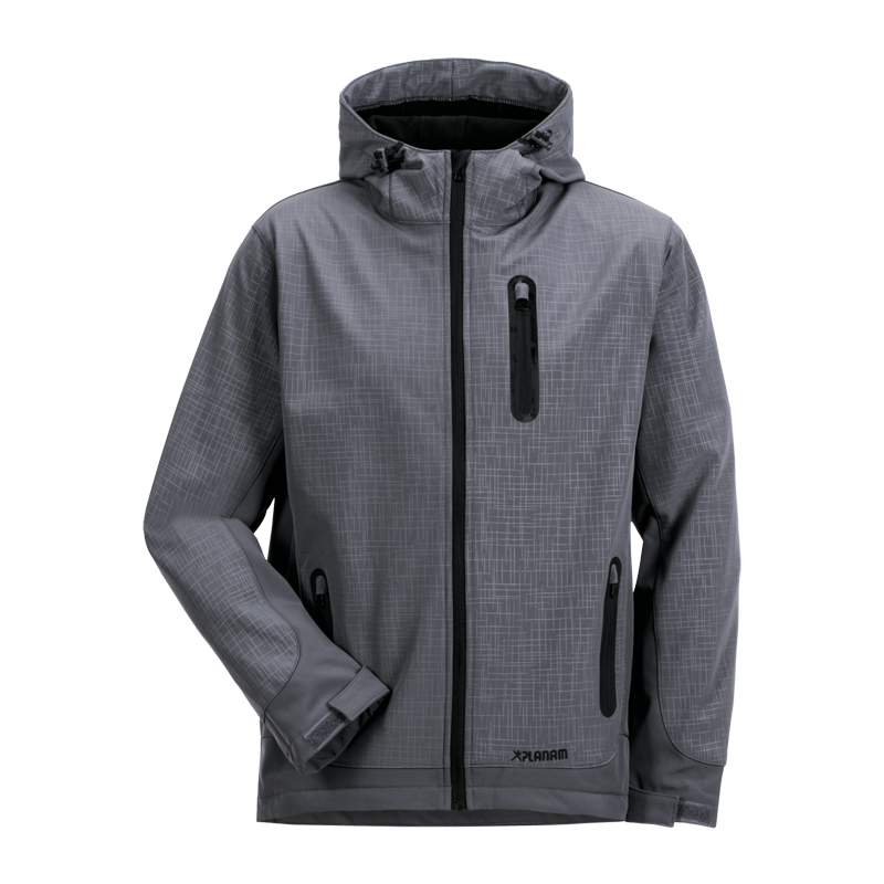 Planam Cube Softshelljacke mit Struktur und Kapuze in Grau, moderne Arbeitsjacke mit Reißverschlusstaschen und wetterfestem Design