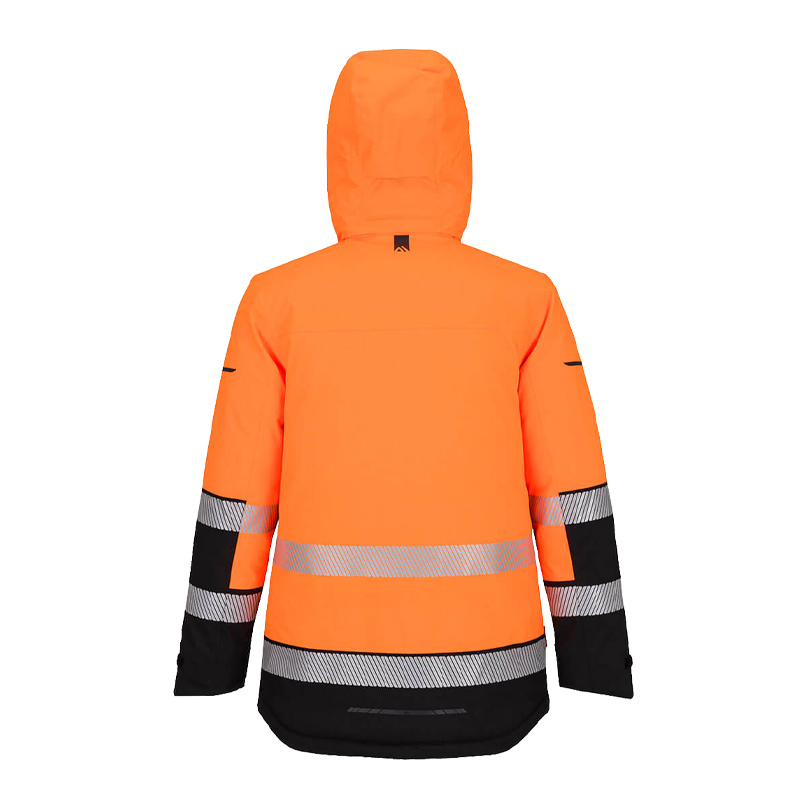 Rückansicht des PortWest EV401 Hi-Vis Expeditions Parka für extreme Kälte bis -52C°, Klasse 3, in Orange mit Kapuze und Reflexstreifen