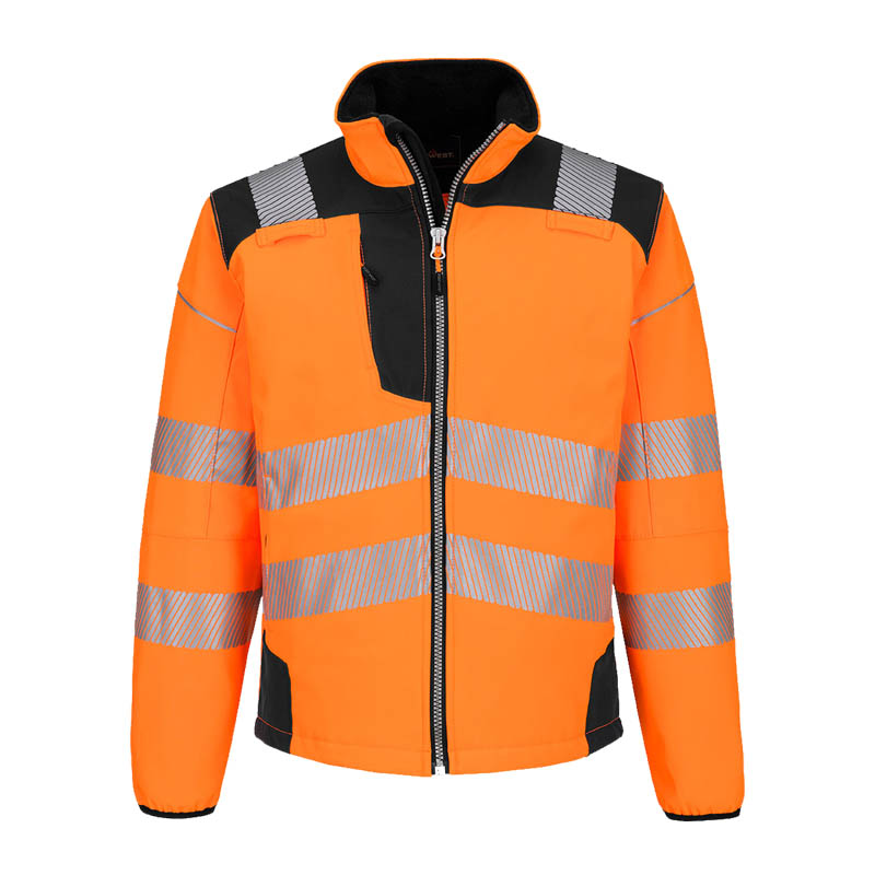 PortWest Warnschutzjacke in leuchtendem Orange mit schwarzen Kontrasten, reflektierenden Streifen, Frontreißverschluss und Stehkragen