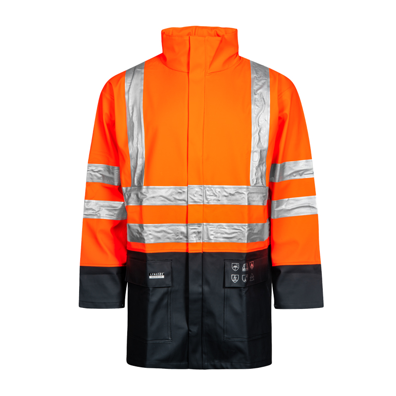 Lyngsøe Warnschutzjacke in leuchtendem Orange mit silbernen Reflexstreifen, hohem Kragen und dunkelblauem Unterteil, ideal für sichtbare Arbeitskleidung