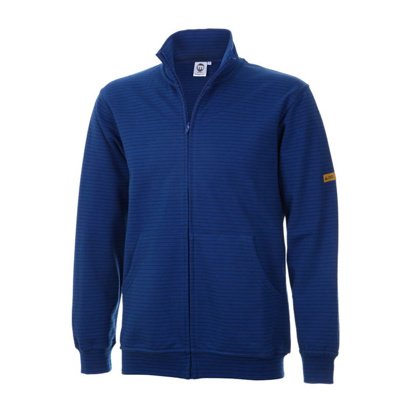 Blaue Mimoza ESD Sweat-Jacke Zip mit Stehkragen und Reißverschluss, Produktschutz für EPA-Bereiche 10⁵ bis 10⁸ nach EN 61340