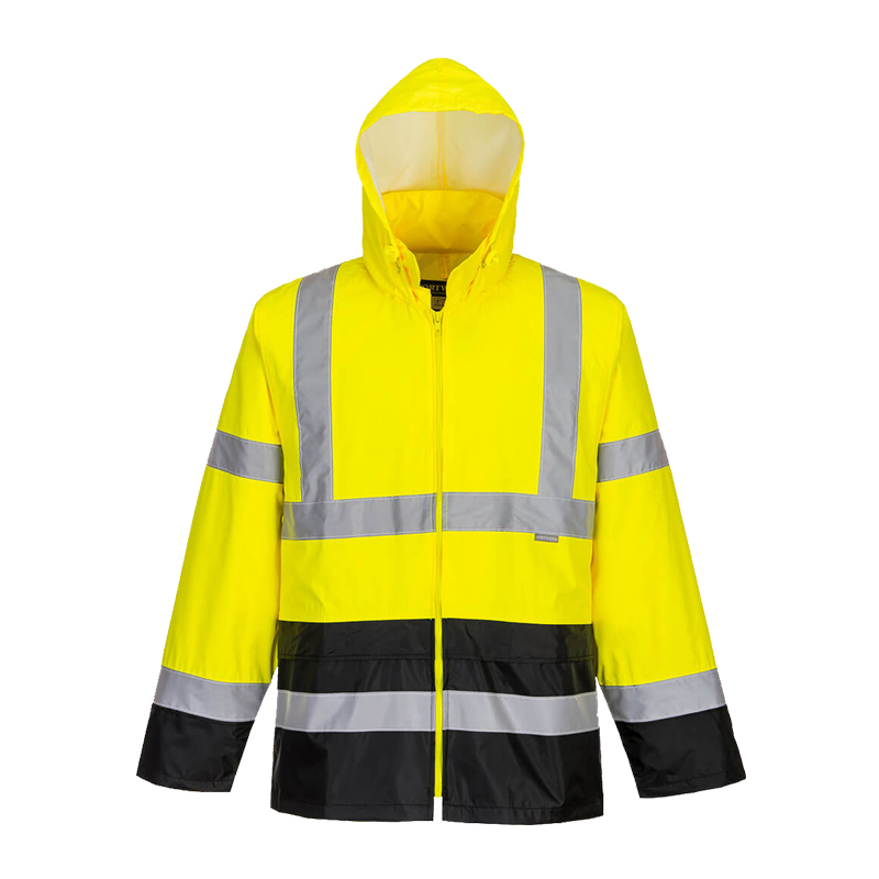 PortWest Warnschutzjacke in Gelb-Schwarz mit Kapuze, Frontreißverschluss und umlaufenden Reflexstreifen für hohe Sichtbarkeit