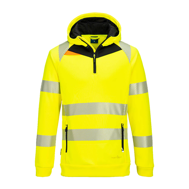 PortWest Warnschutz-Hoodie in leuchtendem Gelb mit Kapuze, Reißverschluss und umlaufenden Reflexstreifen, Frontansicht