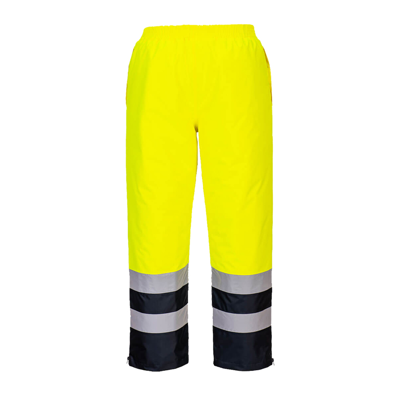 PortWest Warnschutzhose in leuchtendem Gelb mit zwei Reflexstreifen pro Bein und dunkel abgesetztem Saum, ideal für hohe Sichtbarkeit bei der Arbeit