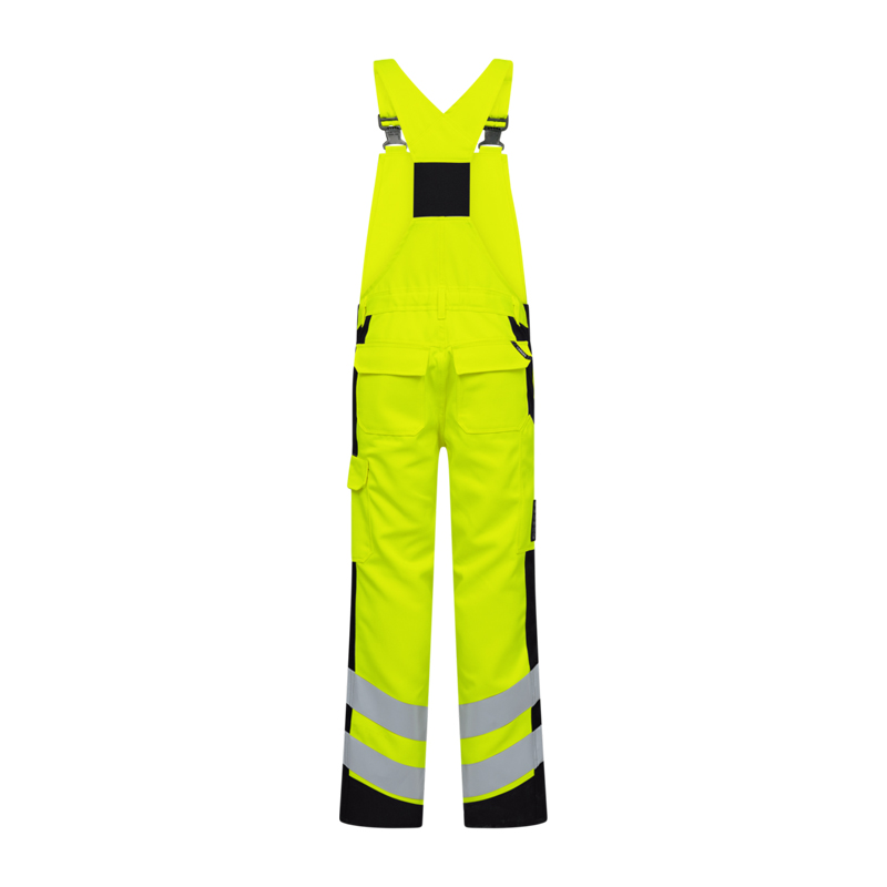 Engel Warnschutz-Latzhose in Neon-Gelb mit schwarzen Einsätzen, Frontansicht, mit Reflexstreifen an den Beinen und praktischen Taschen
