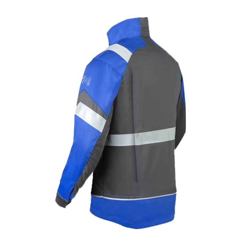Rückansicht der HaVeP 5Safety Image+ 50388 MultiNorm Damen Jacke APC1 in Blau-Grau mit Reflexstreifen, zertifiziert nach IEC 61482-2 für Industrie und Energieversorgung