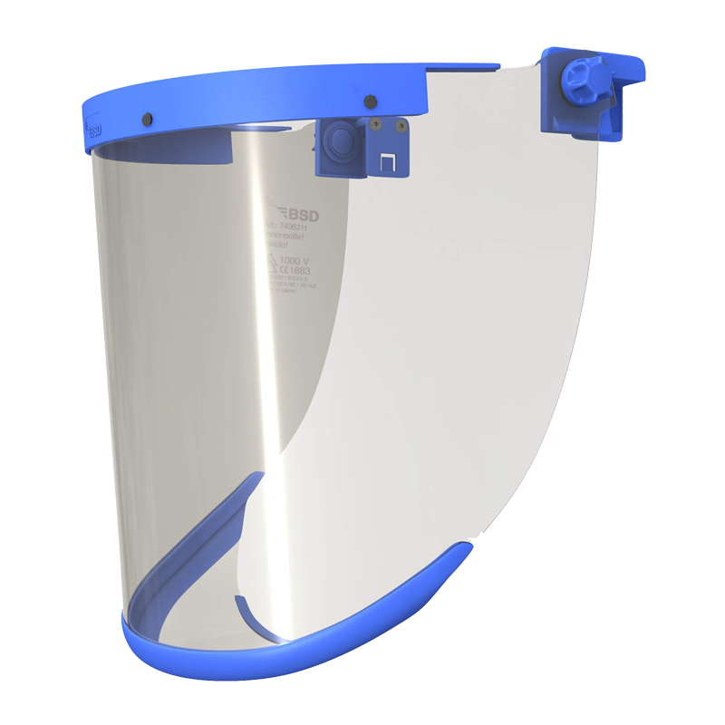 Transparentes BSD ErgoS Störlichtbogen-Visier Klasse 2 APC2 mit blauem Rahmen, Gesichtsschutz für Elektriker, ATPV 7,0 cal/m², EU-Slot 30 mm