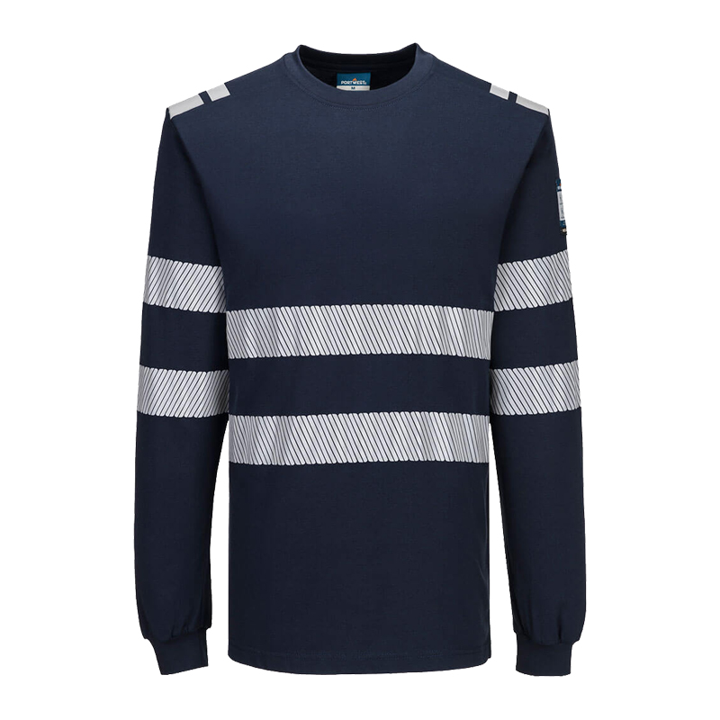 PortWest Langarmshirt in Marineblau, Frontansicht, mit reflektierenden Streifen an Brust, Armen und Schultern