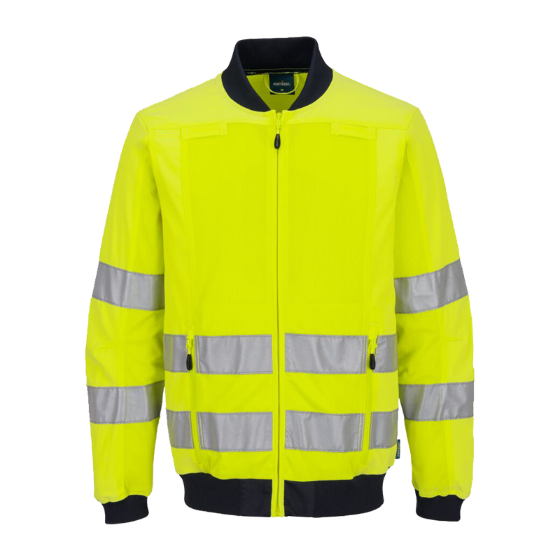 PortWest Warnschutzjacke in leuchtendem Gelb mit umlaufenden Reflexstreifen, Frontreißverschluss sowie dunklem Kragen, Bündchen und Saum