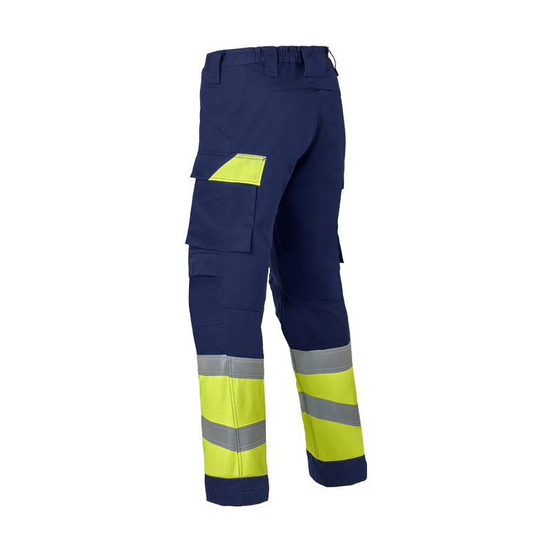 Rückansicht der HaVeP Multi Protector+ BW Warnschutz Hose Klasse 1 APC1, blaue Bundhose mit gelben Warnschutzeinsätzen, Reflexstreifen und Seitentaschen