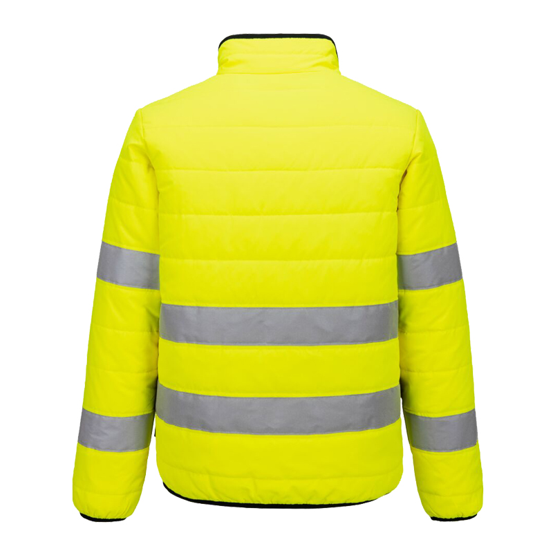 Rückansicht der PortWest S617 Hi-Vis Warnschutz Stepp Jacke in Gelb mit umlaufenden silbernen Reflexstreifen an Körper und Ärmeln