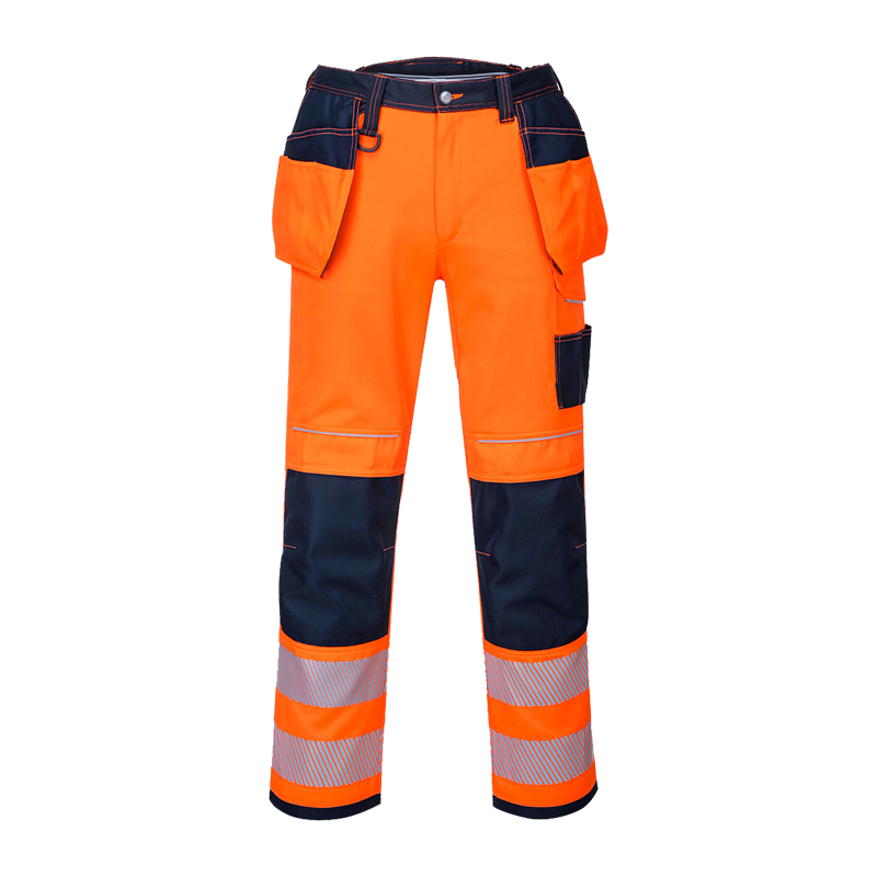 PortWest Warnschutzhose in Orange und Navy mit Reflexstreifen, verstärkten Kniebereichen und praktischen Holstertaschen für den Arbeitseinsatz
