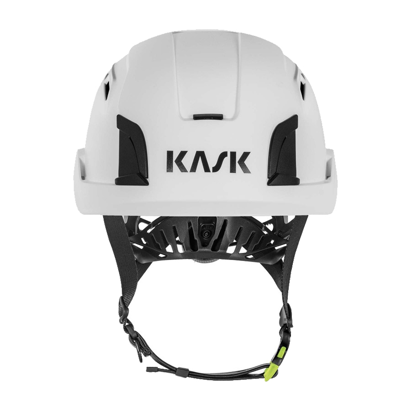 Frontansicht des Kask KASK ZENITH-X PL Kletterhelms EN 12492 in Weiß mit Kinnriemen und Belüftungssystem