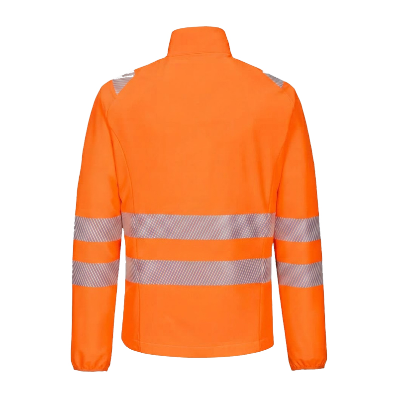 Rückansicht einer orangefarbenen PortWest Warnschutzjacke mit langen Ärmeln, Stehkragen und umlaufenden Reflexstreifen für hohe Sichtbarkeit